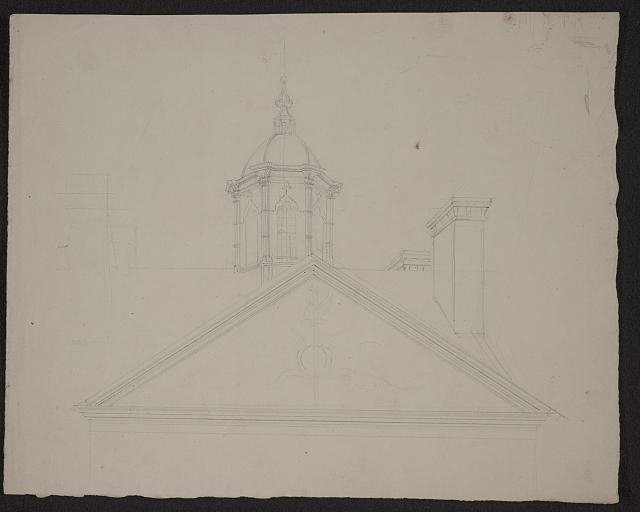 [Detail view of cupola, pediment, and frieze of a large...