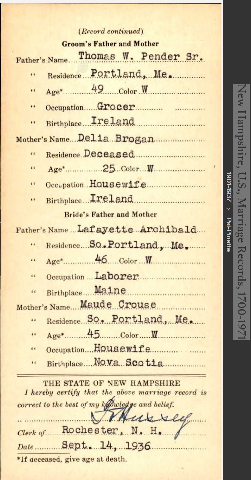 Thomas William Pender Jr.--New Hampshire, U.S., Marriage Records, 1700-1971(8 aug 1936)back