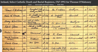 Thomas 'Tomás' O'Mahony --Ireland, Select Catholic Death and Burial Registers, 1767-1992 a