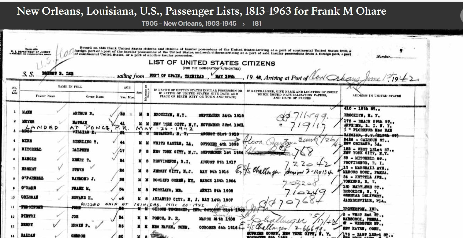 Francis Maynes O'Hare --New Orleans, Louisiana, U.S., Passenger Lists, 1813-1963 (19 may 1942)