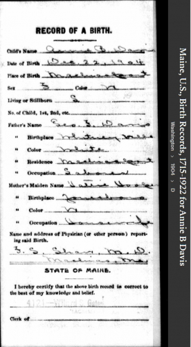 Anna B (Davis) McGraw--Maine, U.S., Birth Records, 1715-1922(1904)
