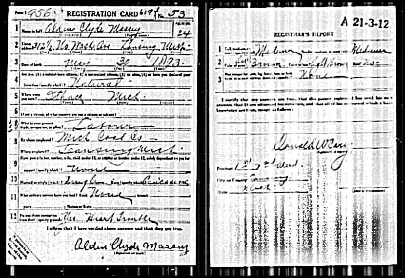 Alden Clyde Massey WW1 draft registration