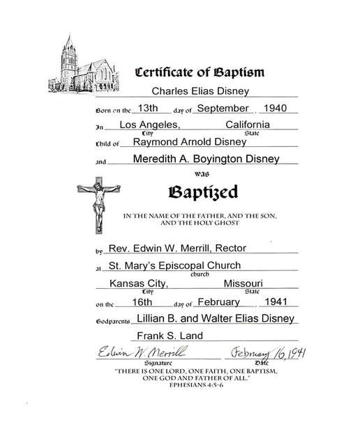 Charles Elias Disney original Baptismal Certificate dated February 16, 1941