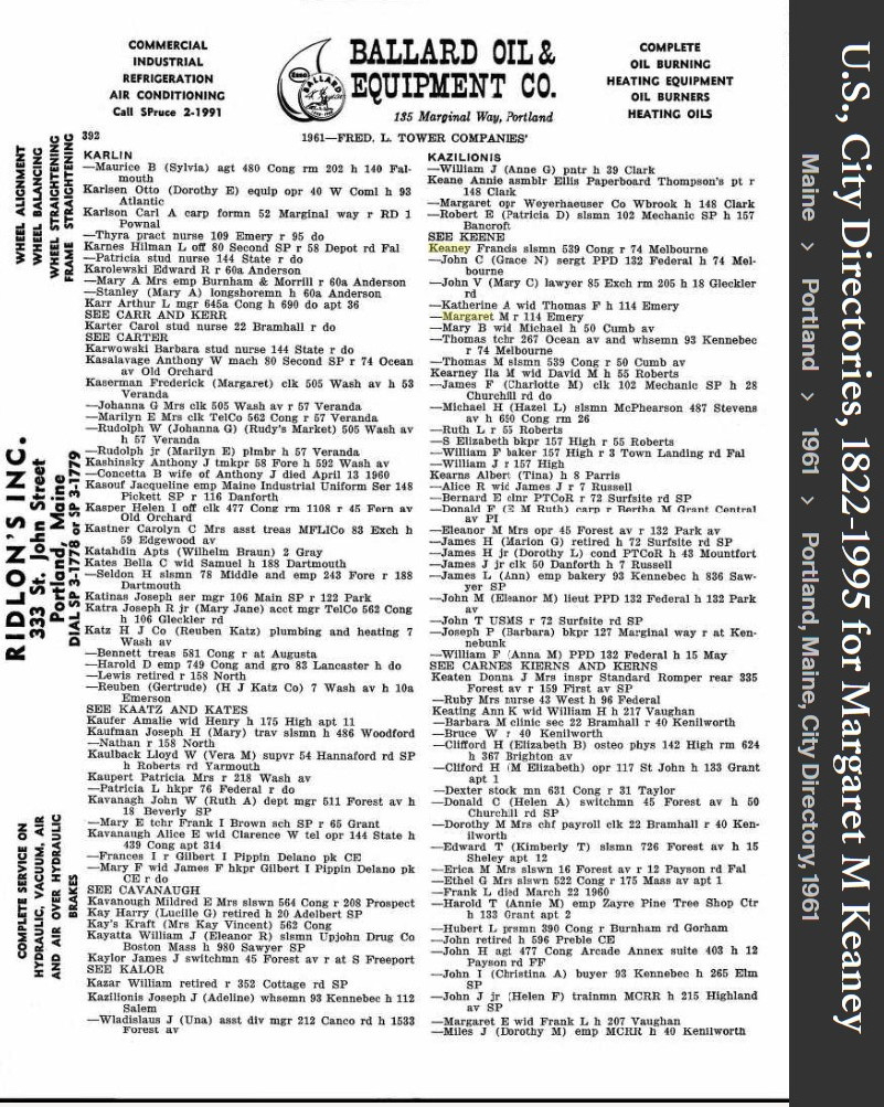 Katherine Agnes “Katie” (Brogan) Keaney -- U.S., City Directories, 1822-1995(1961)