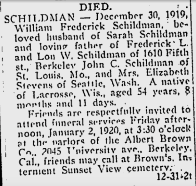 William Frederick Schildman's obituary