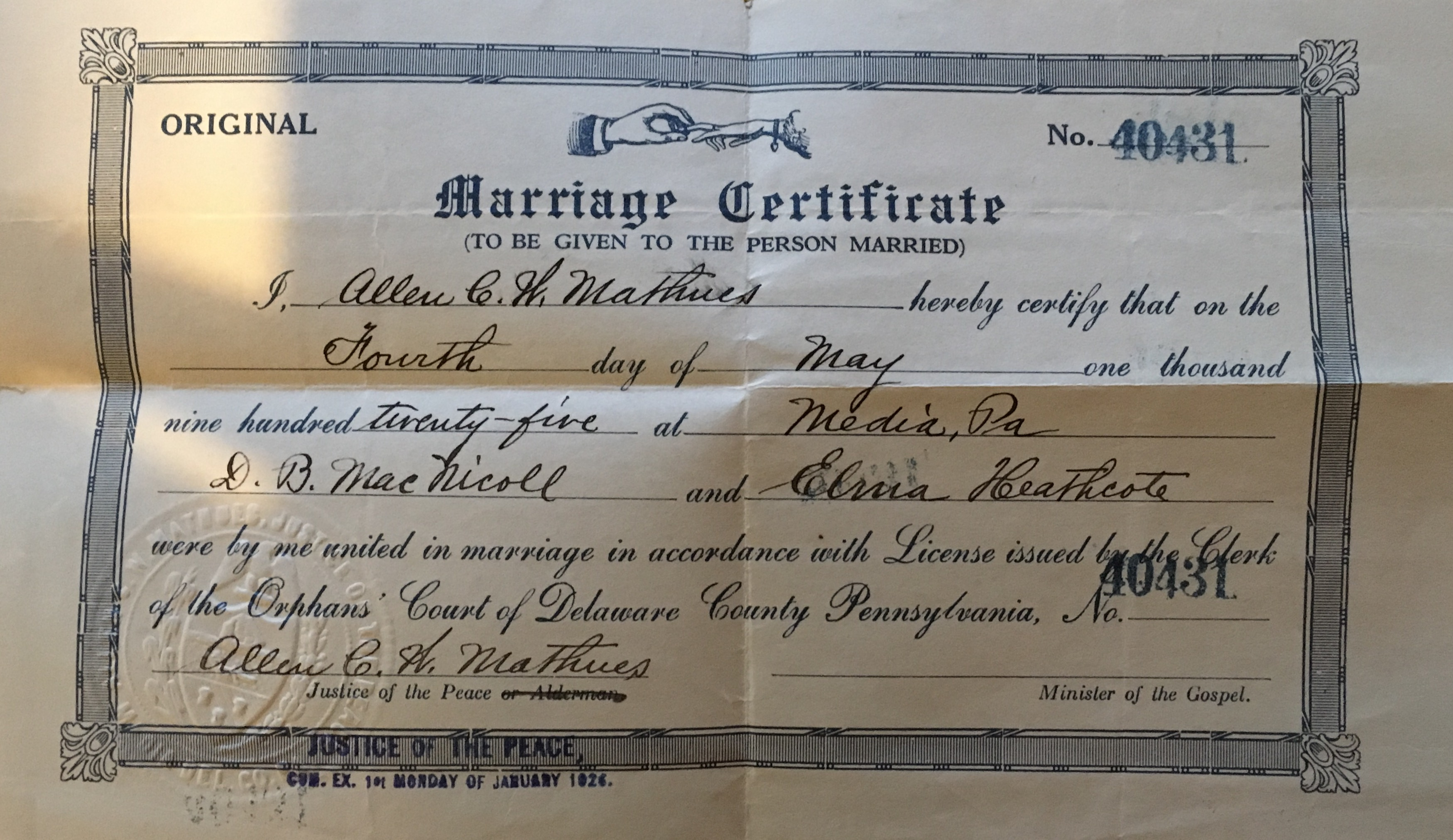 David MacNicoll & Elma Deitz Marriage