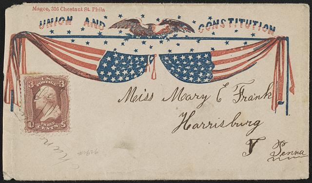 [Civil War envelope showing American flags with eagle and...