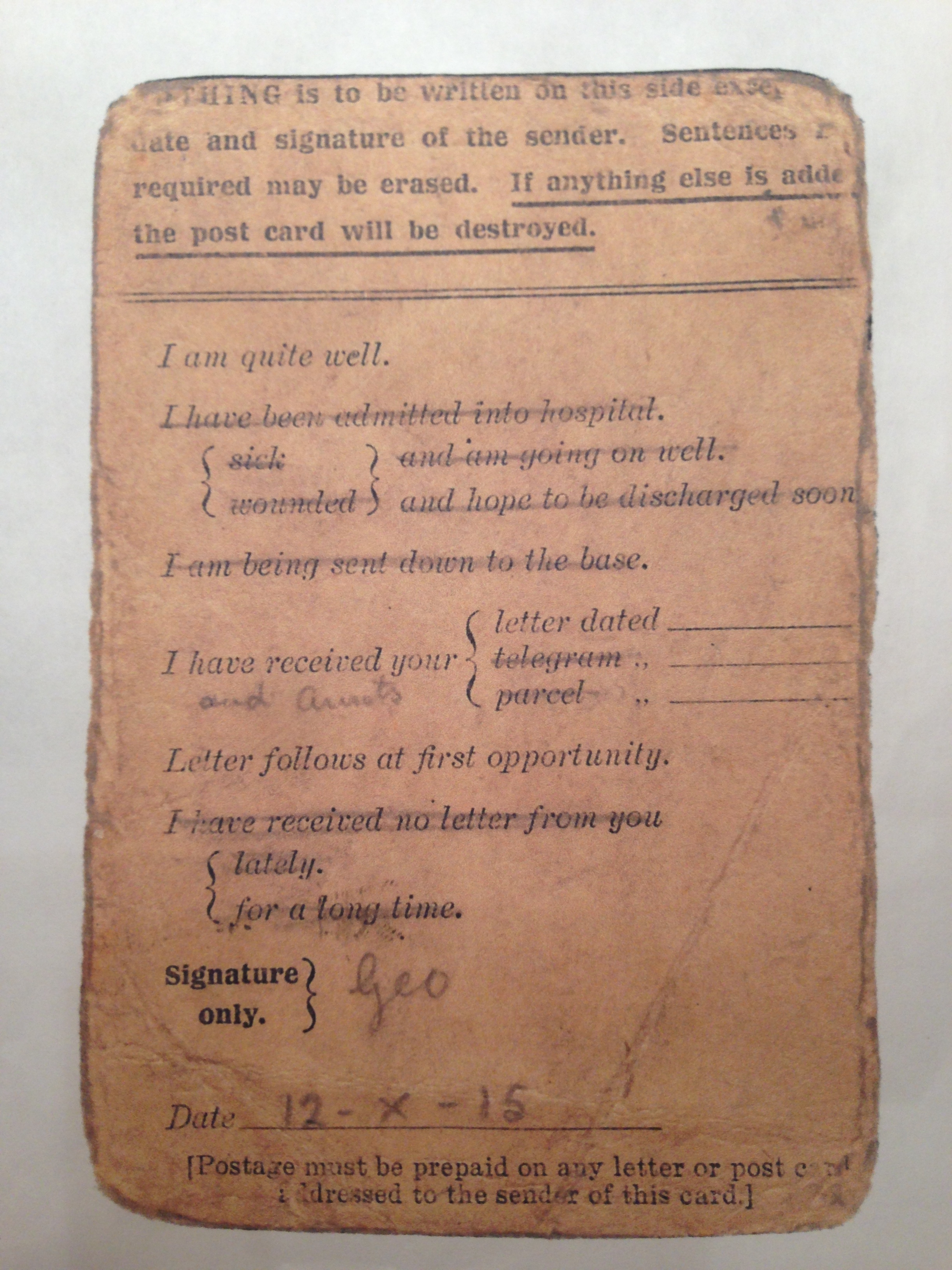  George Bullivant, Last letter 1915