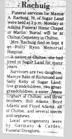 Mamie ADAMS Rachuig Obit