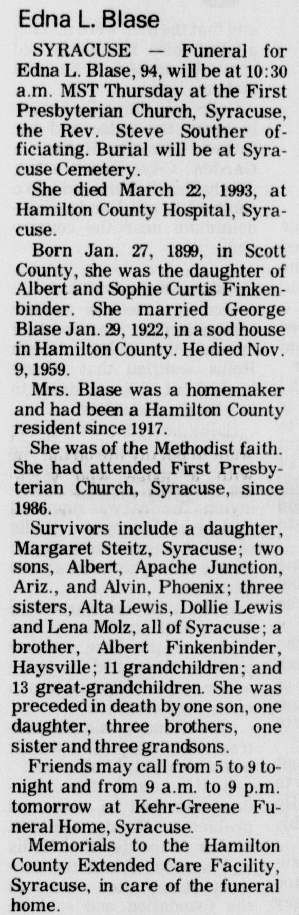Edna Lilah (Finkenbinder) Blase Obituary