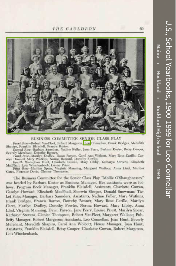 Leo Richard Connellan--U.S., School Yearbooks, 1900-1999(1946) BUSINESS COMMITTEE SENIOR CLASS PLAY