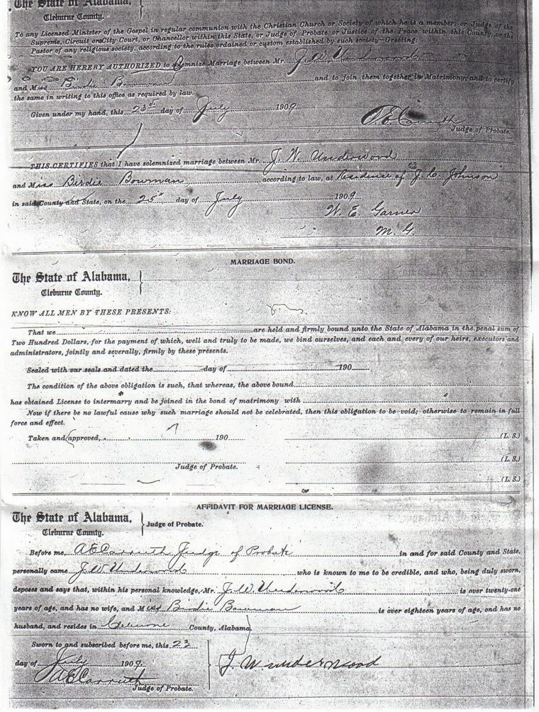 Birdie Bowman & John William Underwood Marriage