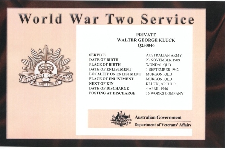 Walter George Kluck service certificate