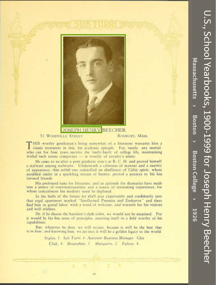 Joseph Henry Beecher--U.S., School Yearbooks, 1900-1999(1926)