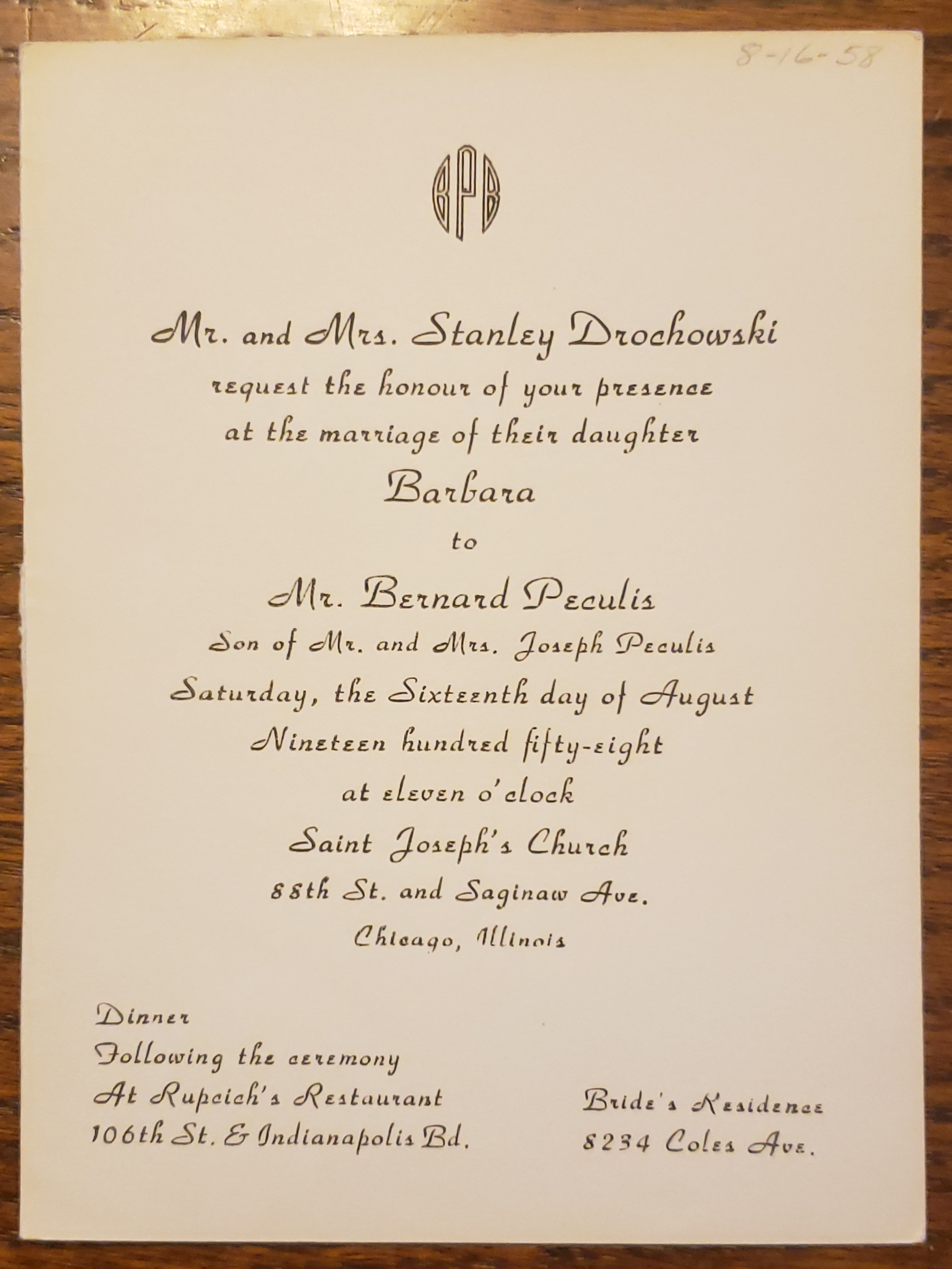 Wedding Invitation for Barbara Drochowski and Bernard Peculis