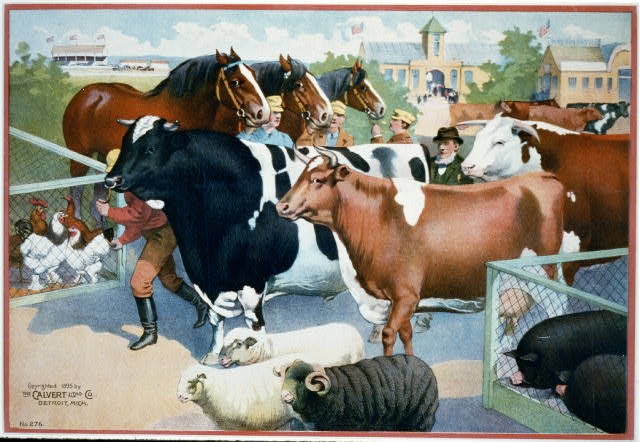 [Men with cattle, horses, sheep, pigs and chickens at...