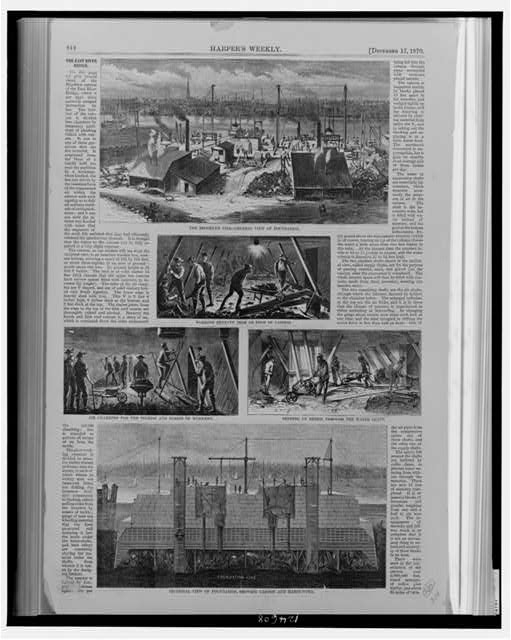 [Images of the construction of the Brooklyn Bridge (East...