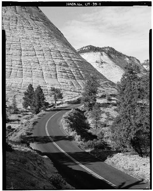 1. OVERALL VIEW OF HIGHWAY AT BASE OF CHECKERBOARD MESA,...