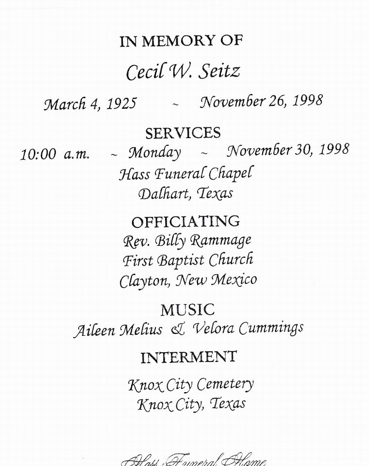 Obituary of Cecil W. Seitz of Dalhart, Texas
