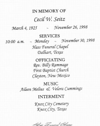 Obituary of Cecil W. Seitz of Dalhart, Texas