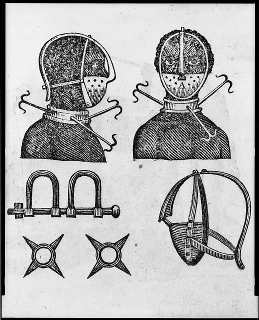 [Iron mask, collar, leg shackles and spurs used to...
