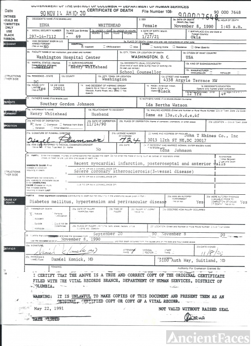 Edna Johnson Whitehead death certificate