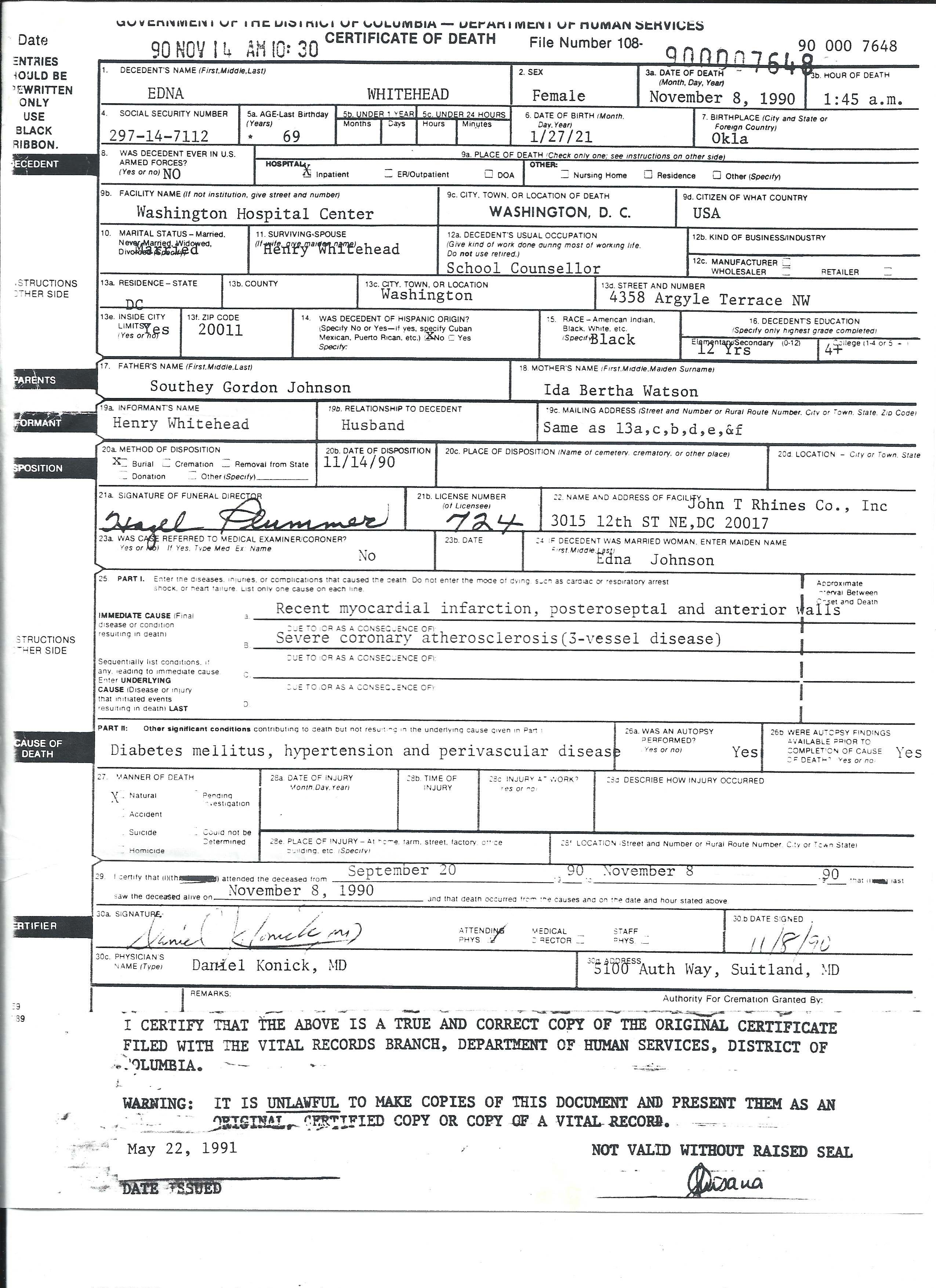 Edna Johnson Whitehead death certificate