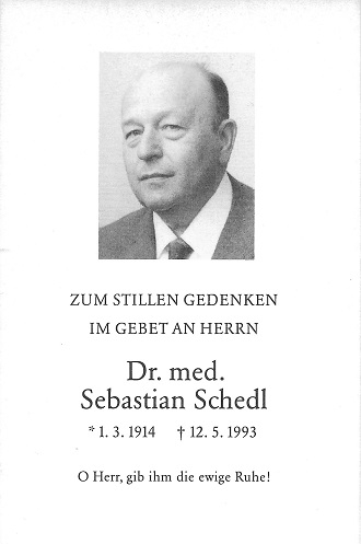 Sebastian Schedl MD Obituary card with photo.