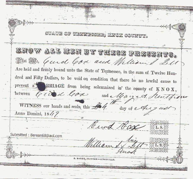 1849 Marriage Bond - Curd Cox / Mary Renfro