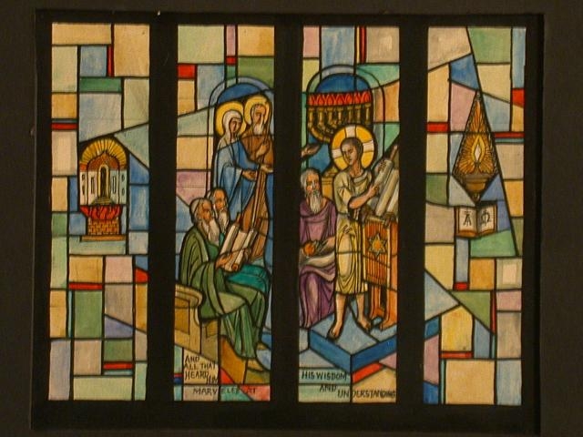 [Design drawing for stained glass window showing Young...