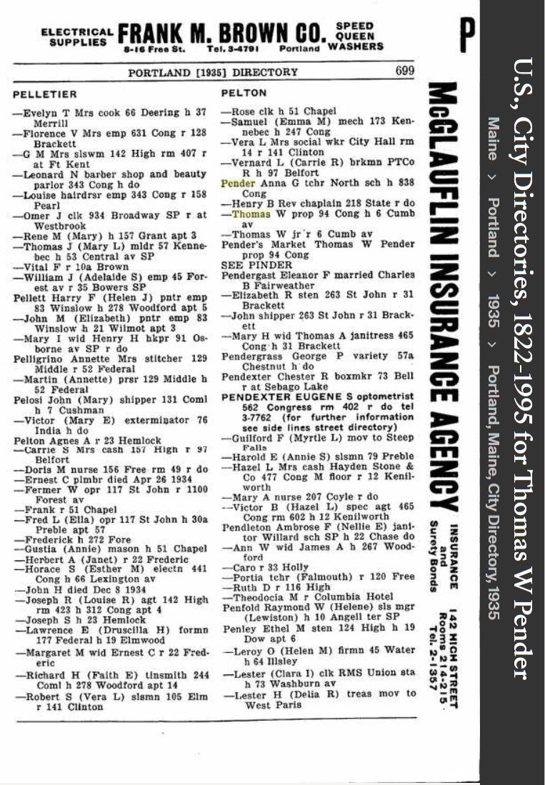 Thomas William Pender Sr --U.S., City Directories, 1822-1995(1935)