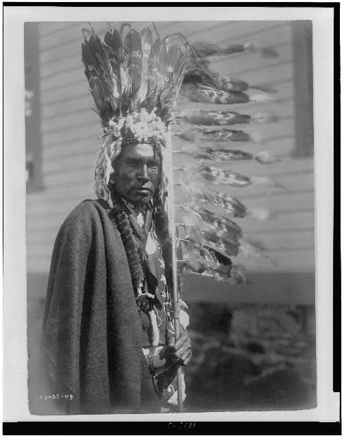Piegan war-bonnet and coup-stick
