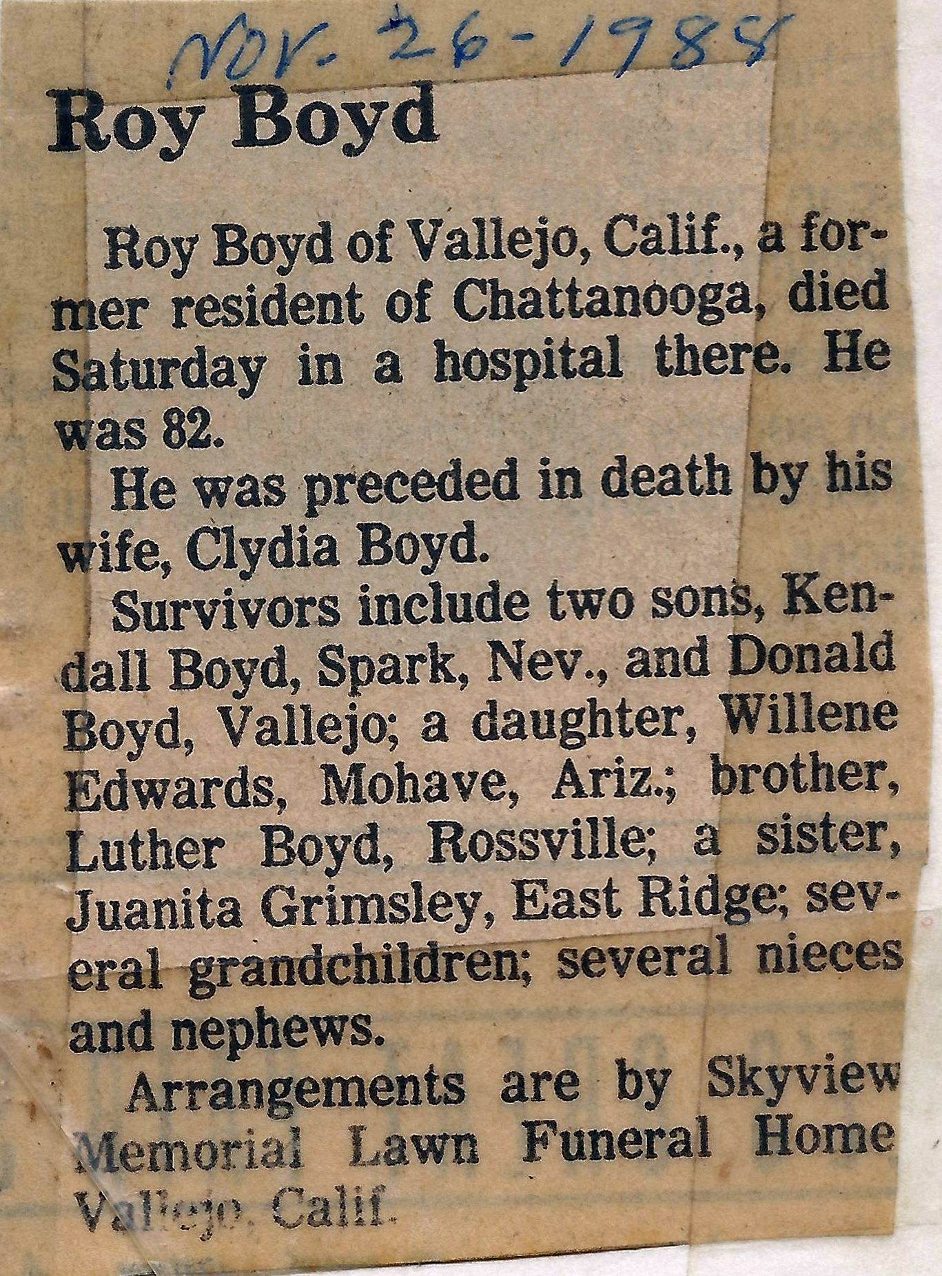 Roy Boyd Obituary