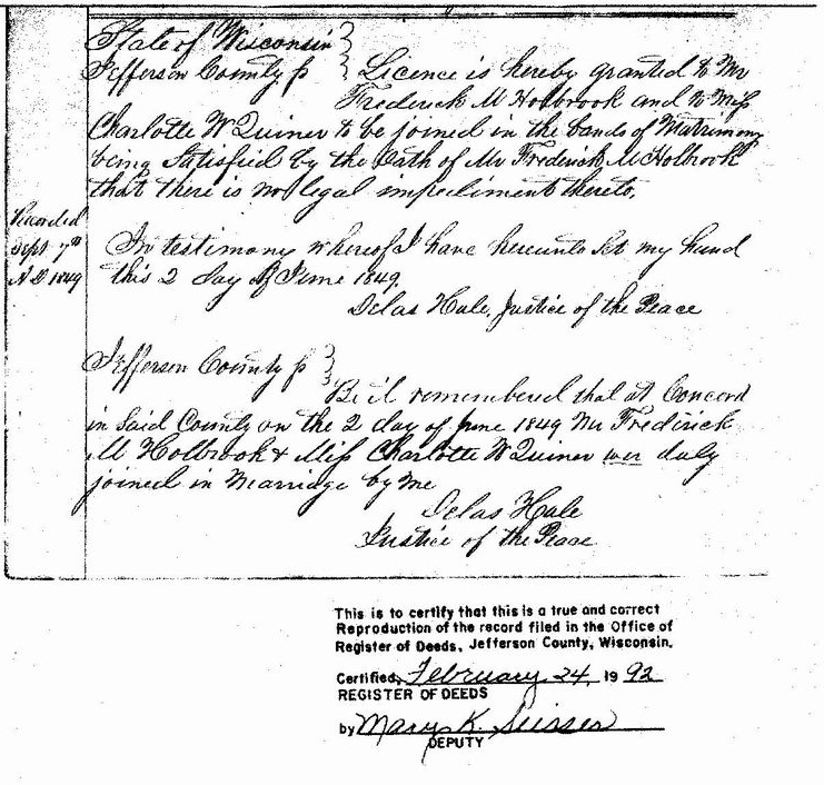 Marriage Certificate of Charlotte W Quiner