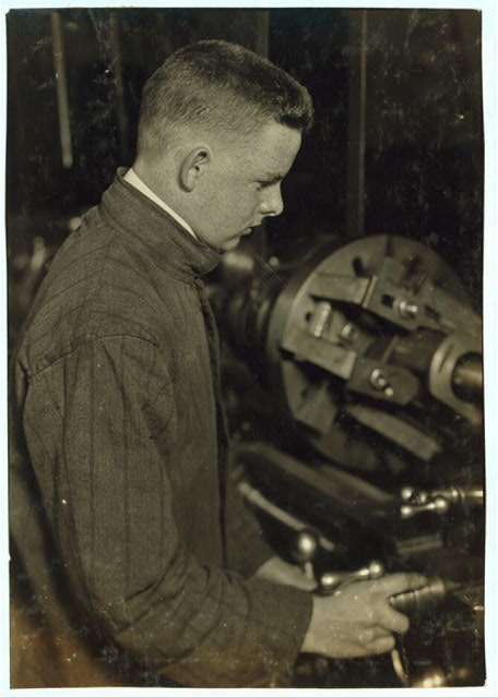 Vocational class. Boring at a lathe. 15 years old....