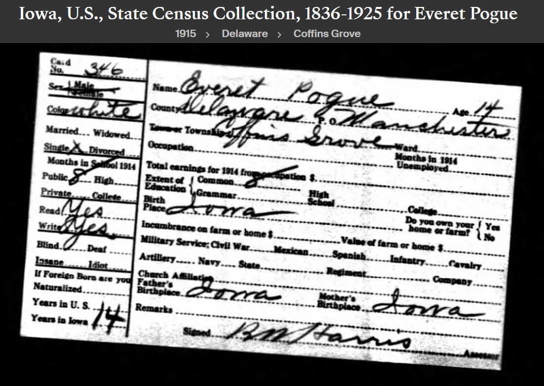 EVERETT JOHN POGUE--Iowa, U.S., State Census Collection, 1836-1925(1915)