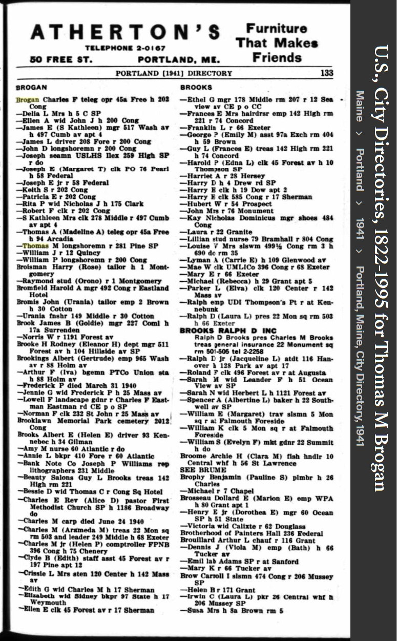 Thomas Michael Brogan --U.S., City Directories, 1822-1995(1941)