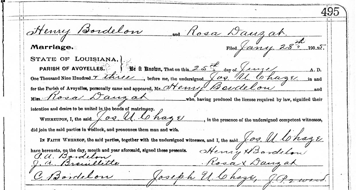Marriage License Henry C Bordlon and Rosalee Dauzat 1903