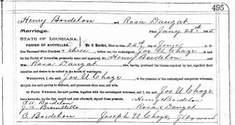 Marriage License Henry C Bordlon and Rosalee Dauzat 1903