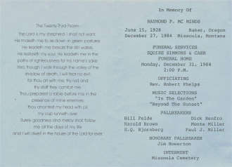 Raymond Parker McMinds, 1928-1984, Funeral card.