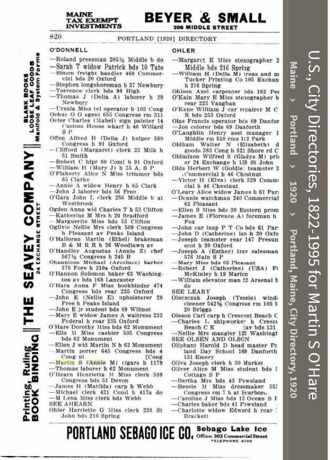 Martin Scanlan O'Hare --U.S., City Directories, 1822-1995(1920)