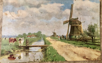 Windmill, cows postcard