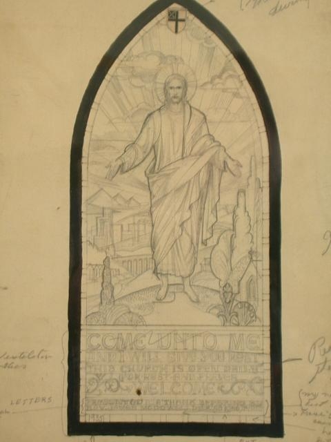 [Design drawing for stained glass memorial window with...