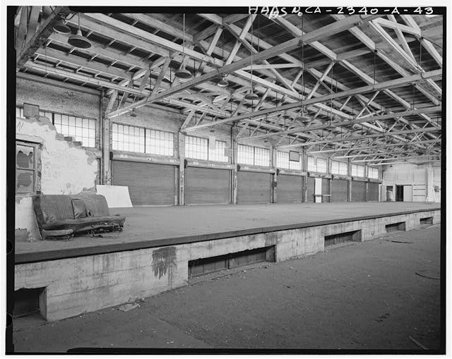 Interior view of loading dock to southwest, main floor,...