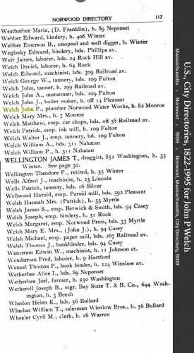 John Patrick Welch--U.S., City Directories, 1822-1995(1909)