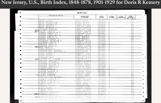 Doris Rose (Kemery) Barron --New Jersey, U.S., Birth Index, 1848-1878, 1901-1929(1933)