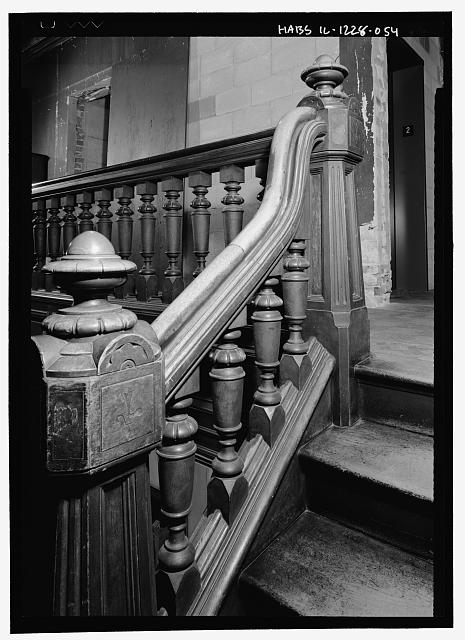 Second floor, stairway, quarterspace landing, handrail...