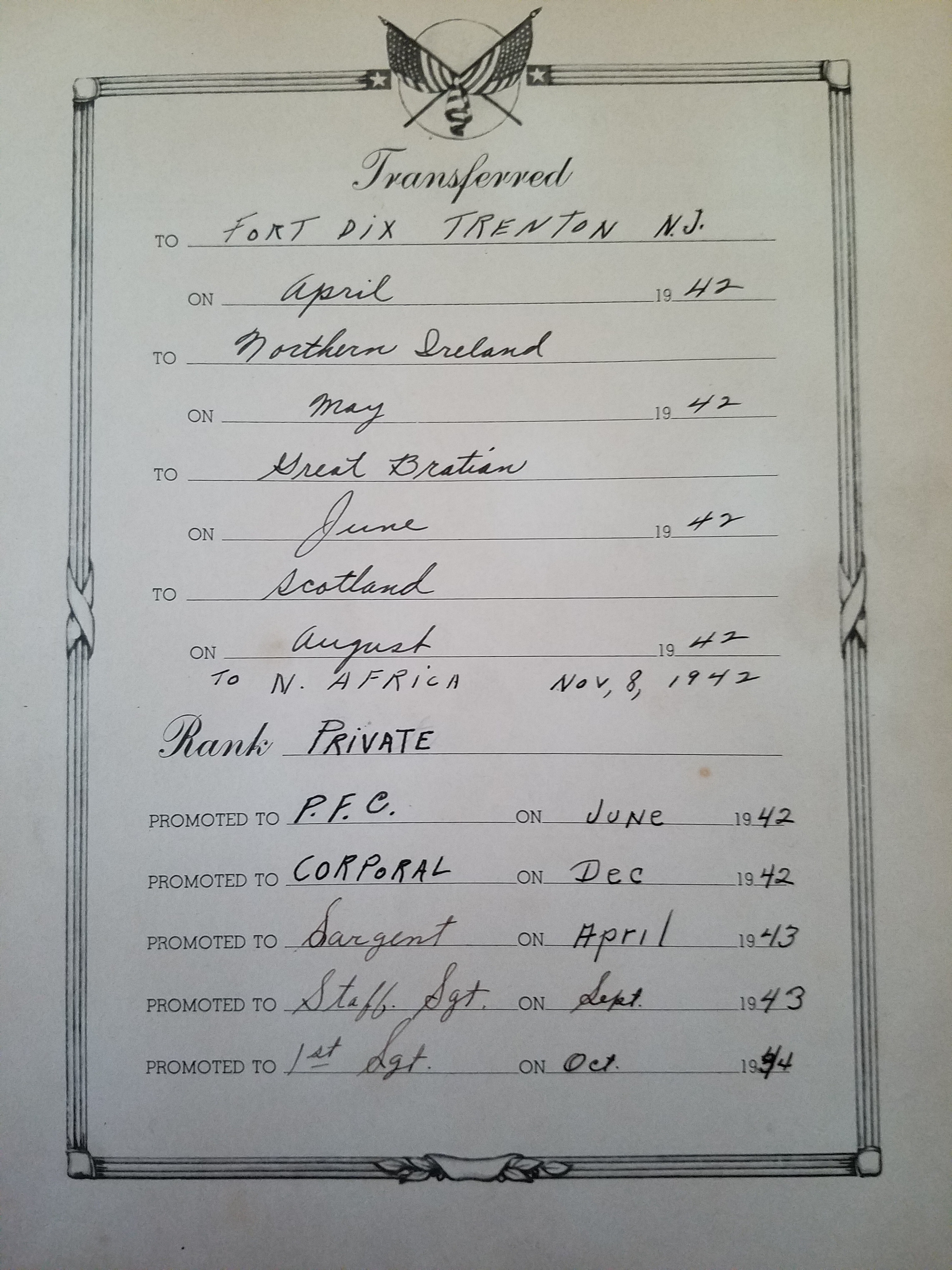 Victor A Marasti, Military Transfers