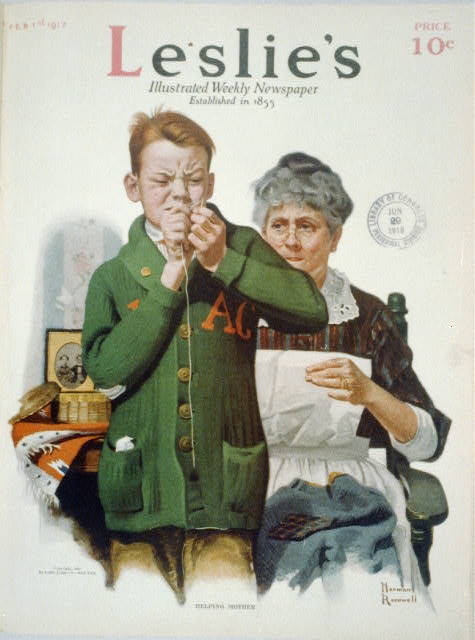 "Helping Mother" [young boy threading needle for his mother]