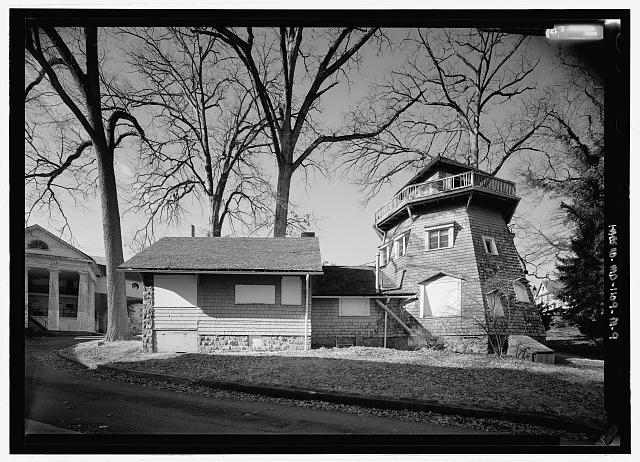 Elevation view of windmill; note practice house and...